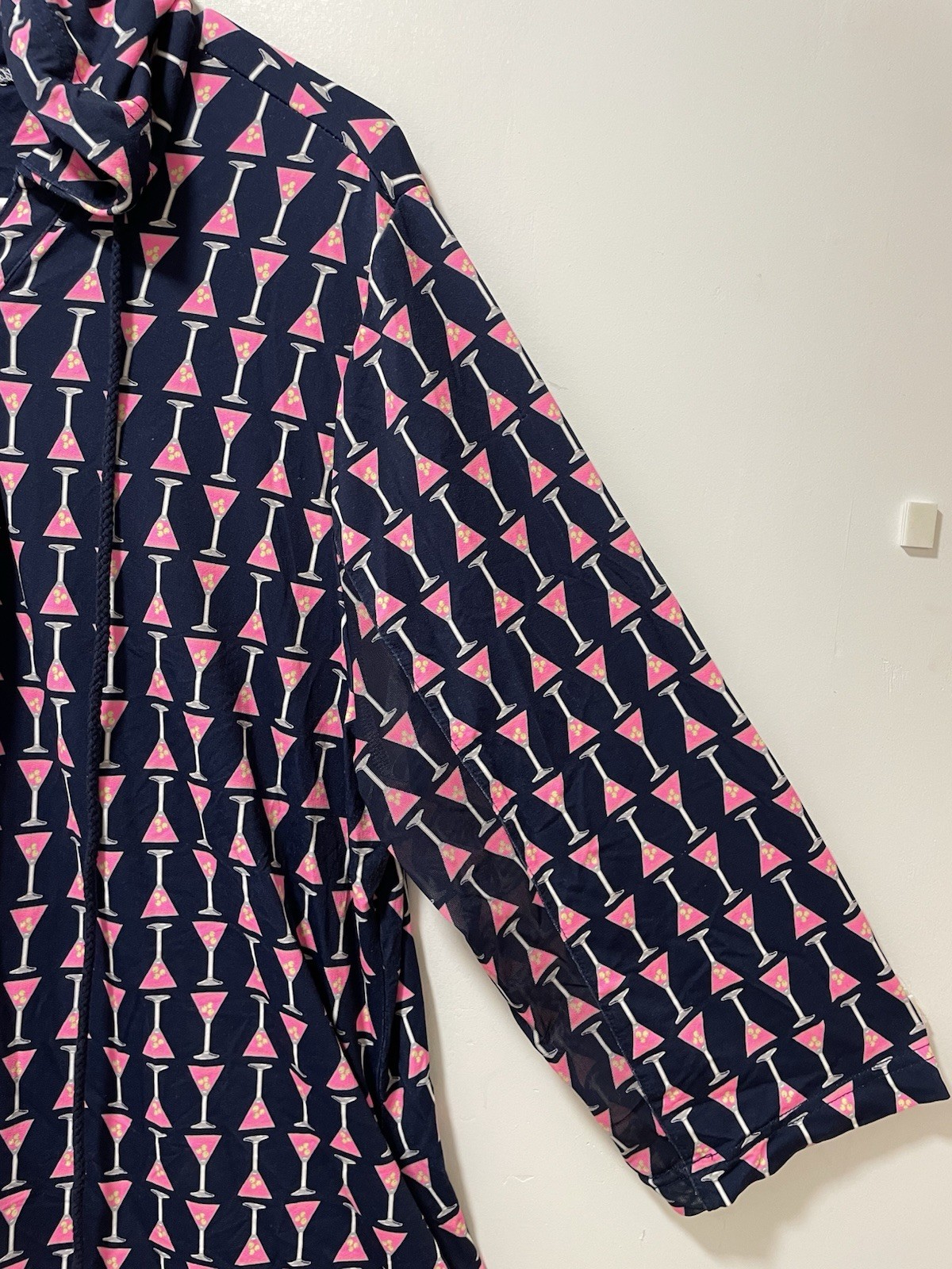 Beachtime Navy Pink Geometric Shift Dress Hood Button Collared Pockets XL