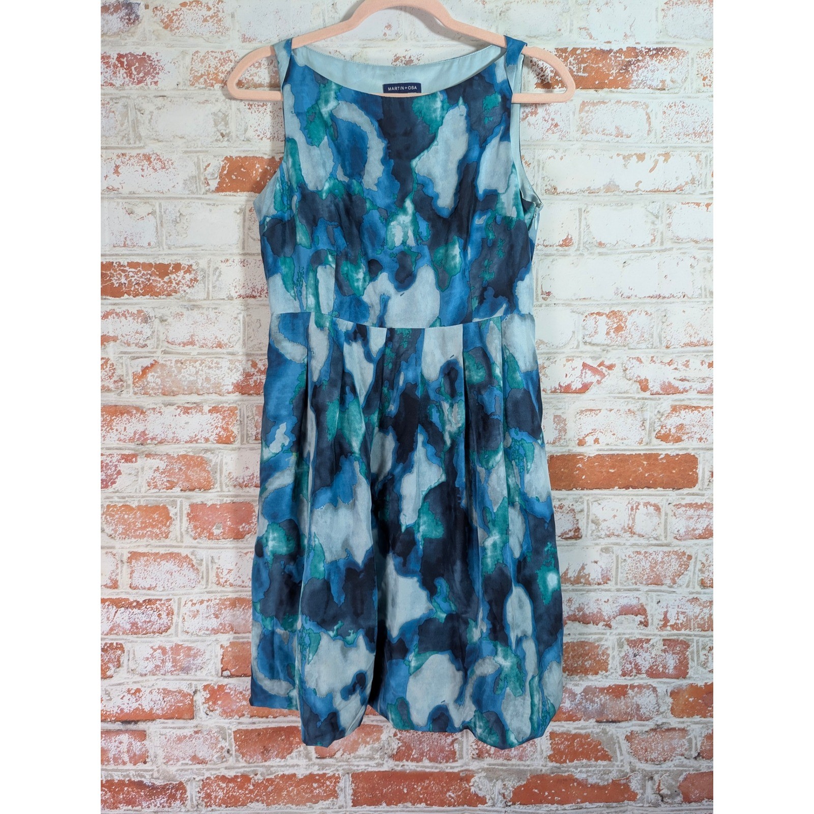 Martin + Osa Silk Abstract Watercolor Dress Womens 4 Blue Teal Fit Flare 1790