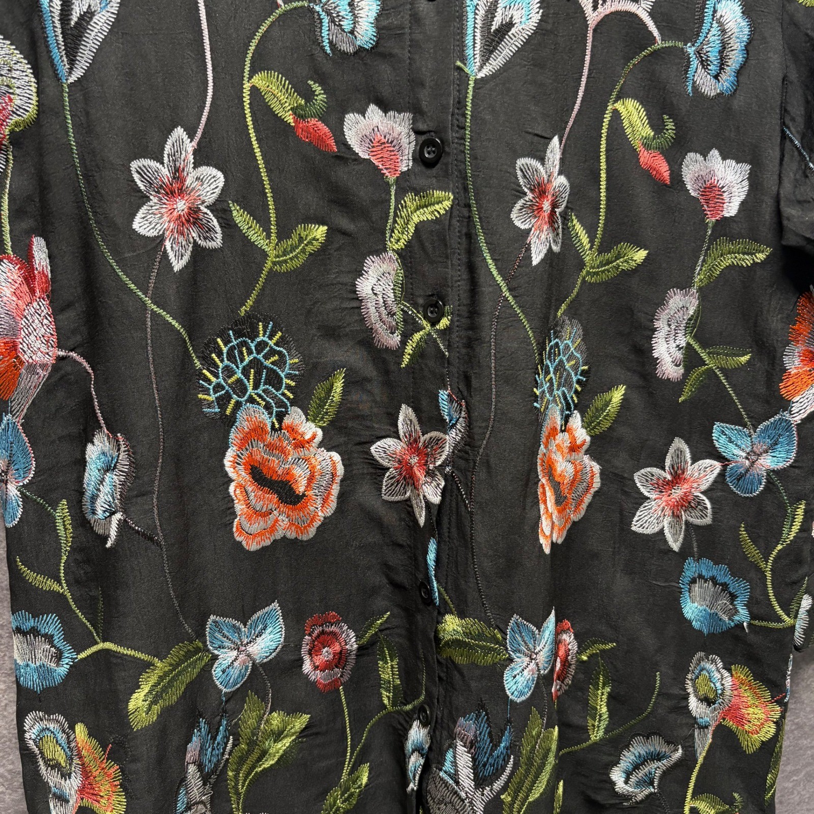 Calessa Black Floral Embroidered Button Up Mini Shirt Dress Tunic Size PXL Fairy