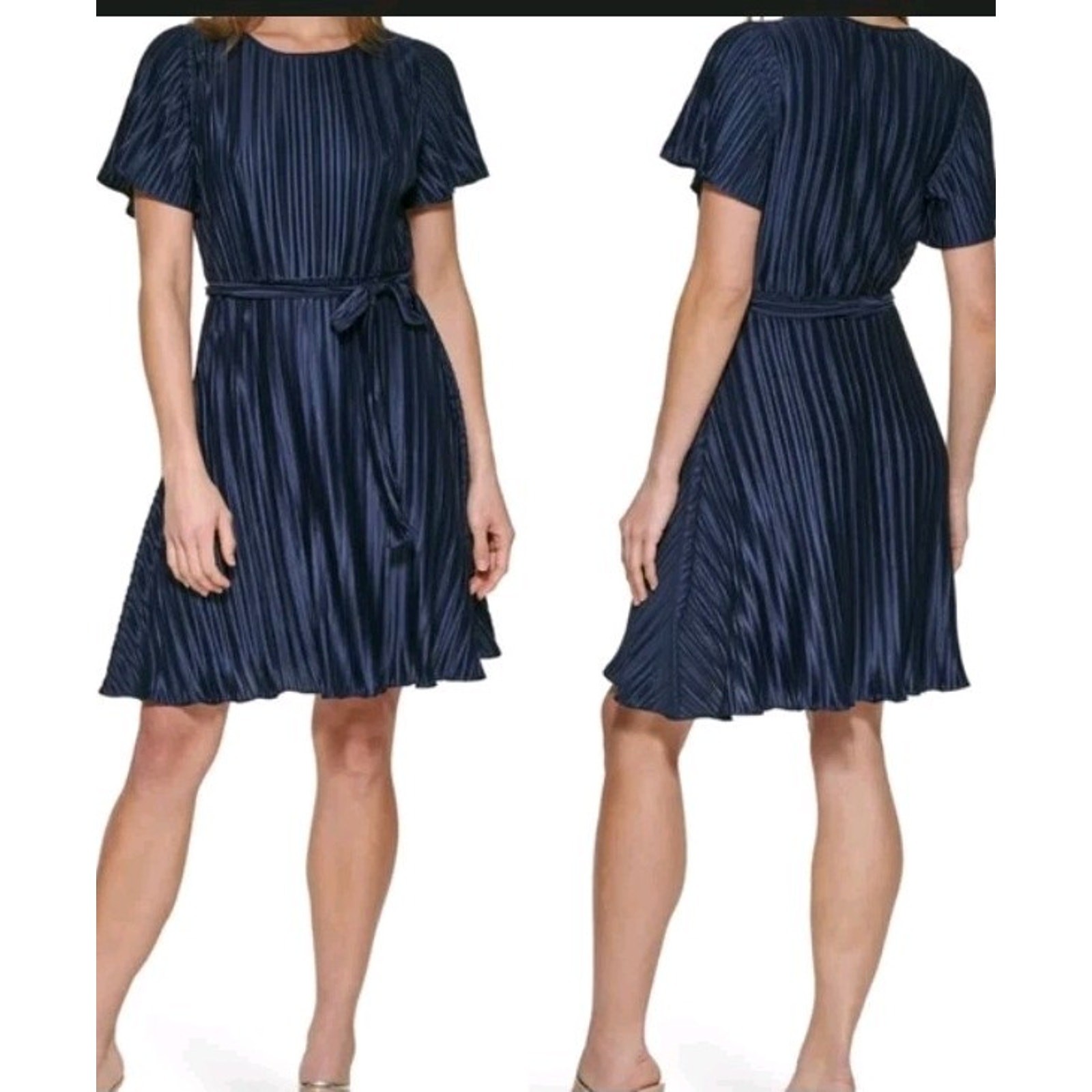 DKNY Women’s Navy Pleated Dress Blouson Waist Flutter Slv Coquette Retro Size 14