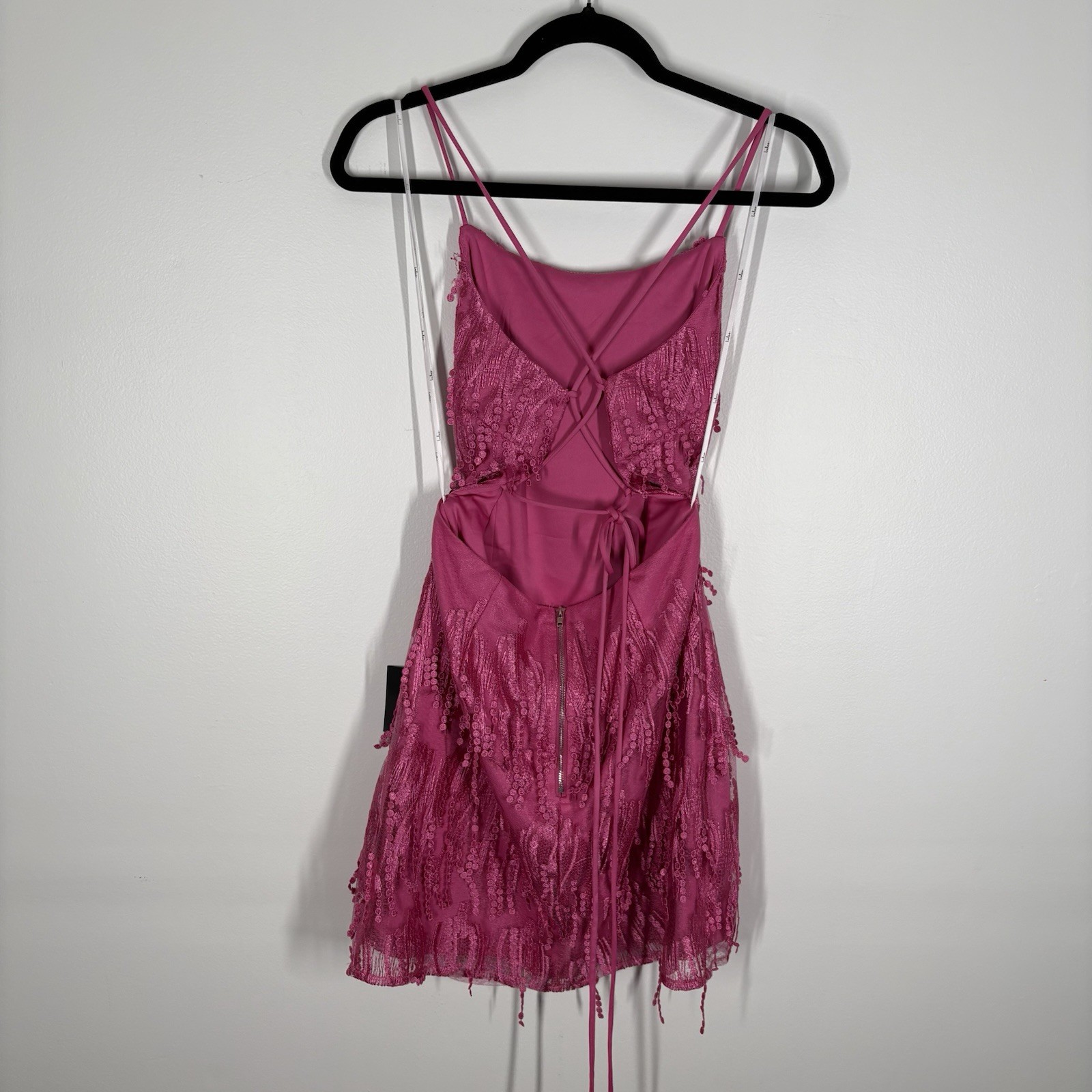 Lulus Women XL Making Magic Bright Pink Fringe Lace-Up Mini Dress NWT