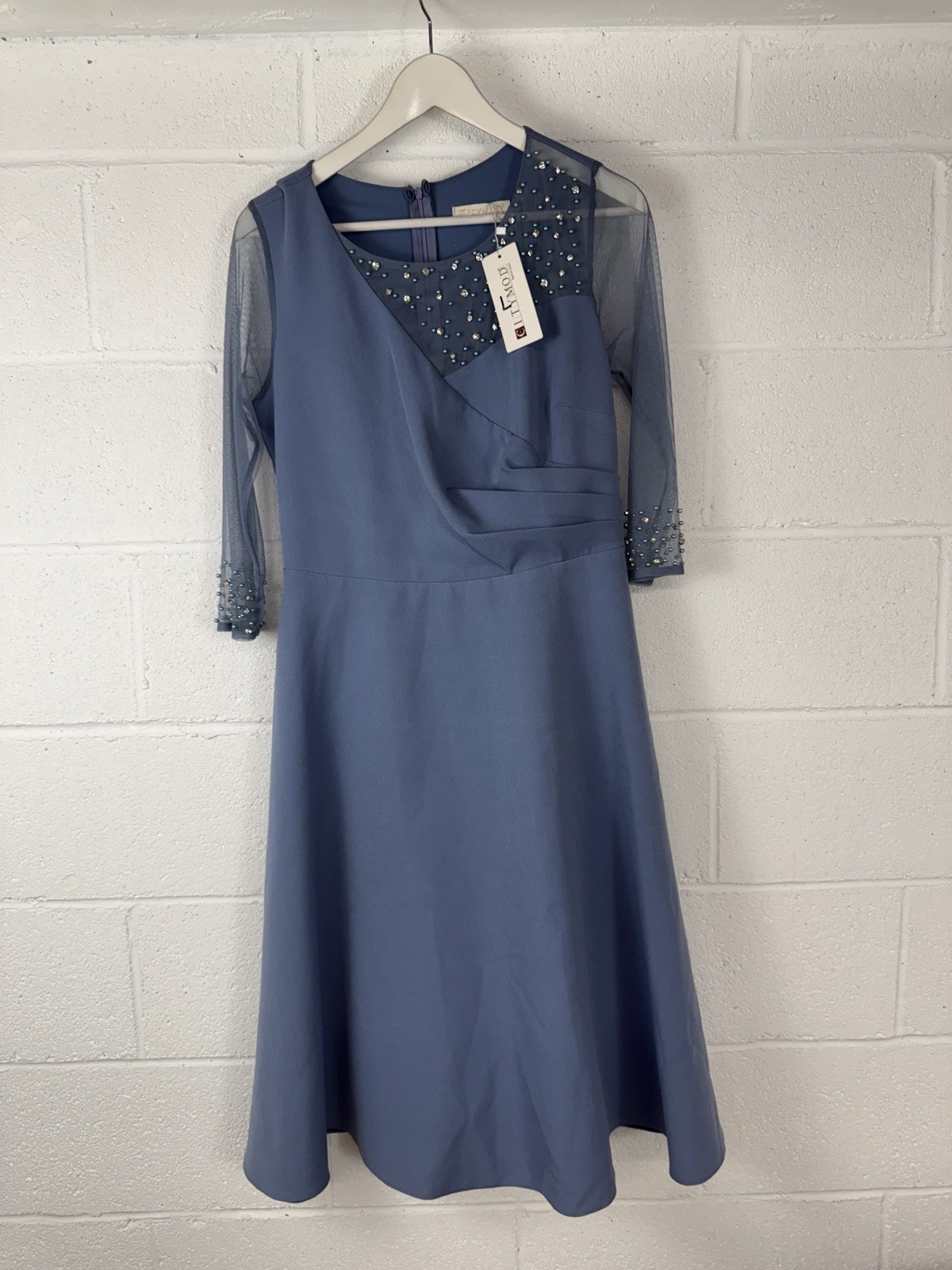 Citymod Midi Dress Large 44 Blue Beaded Sheer Sleeve Coctail Wedding Guest N145
