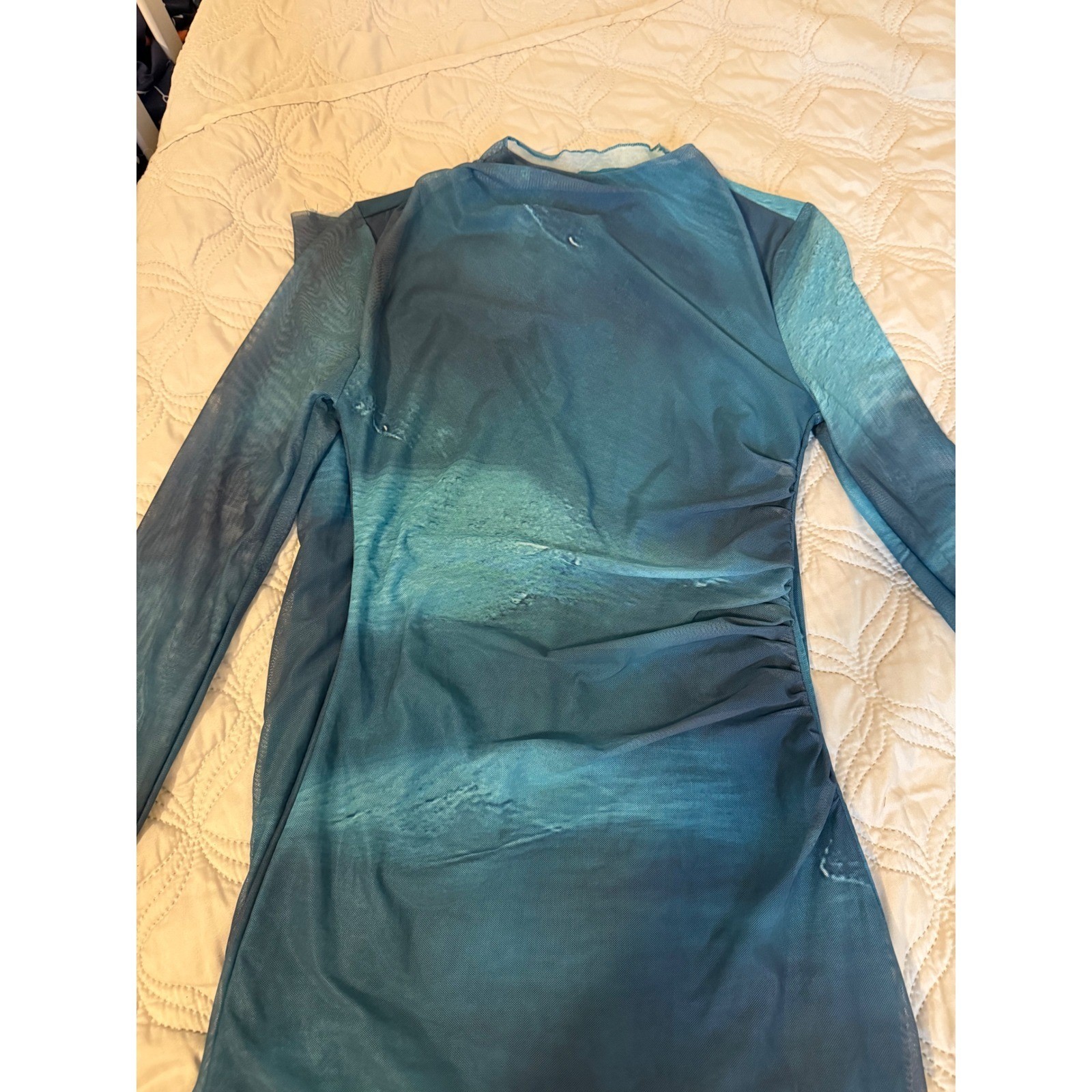 SHEIN Blue Ocean Abstract Mesh Bodycon Maxi Dress Ruched Sheer Long Sleeve XS