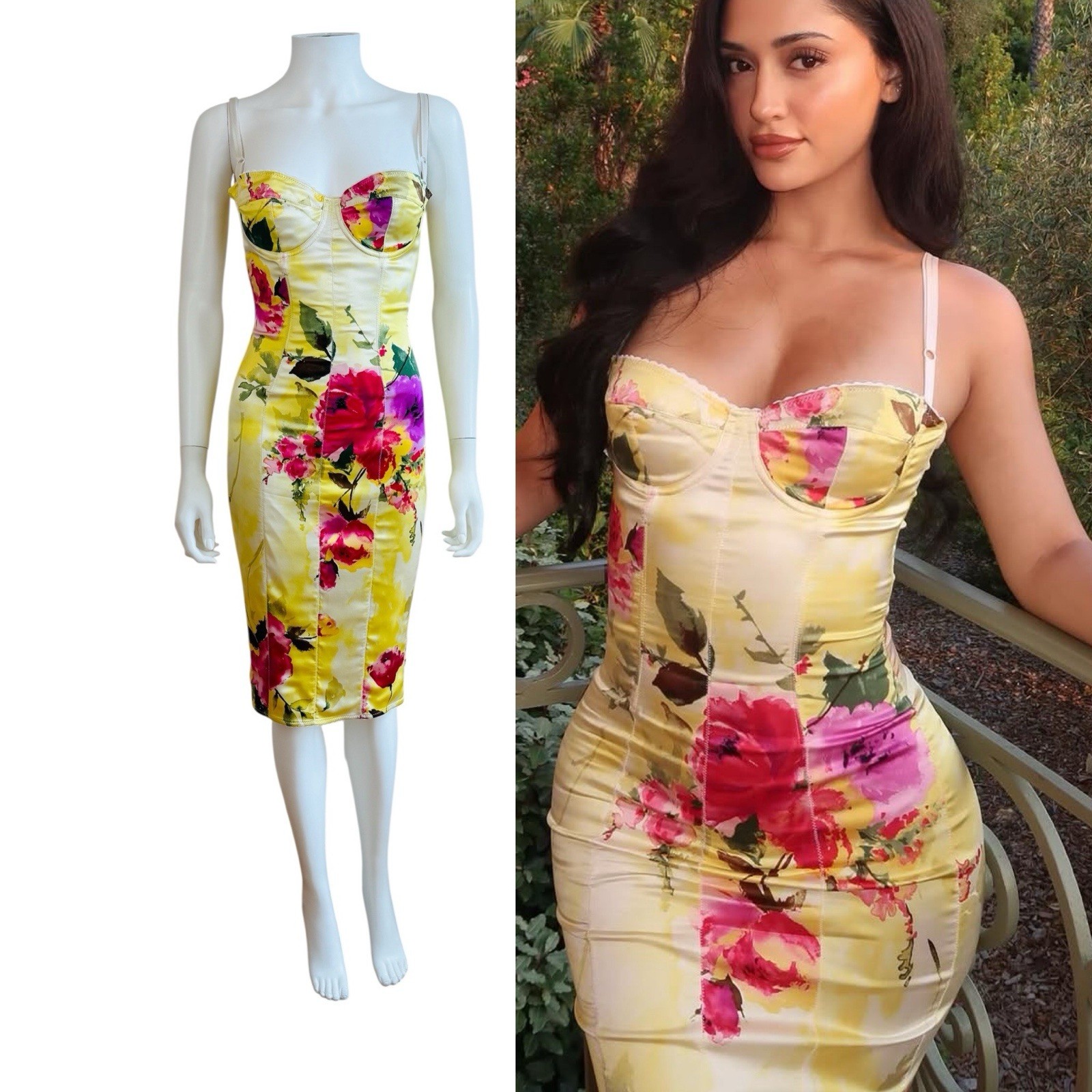 Vintage 1990s Dolce & Gabbana Yellow + Pink Floral Roses Bustier Dress