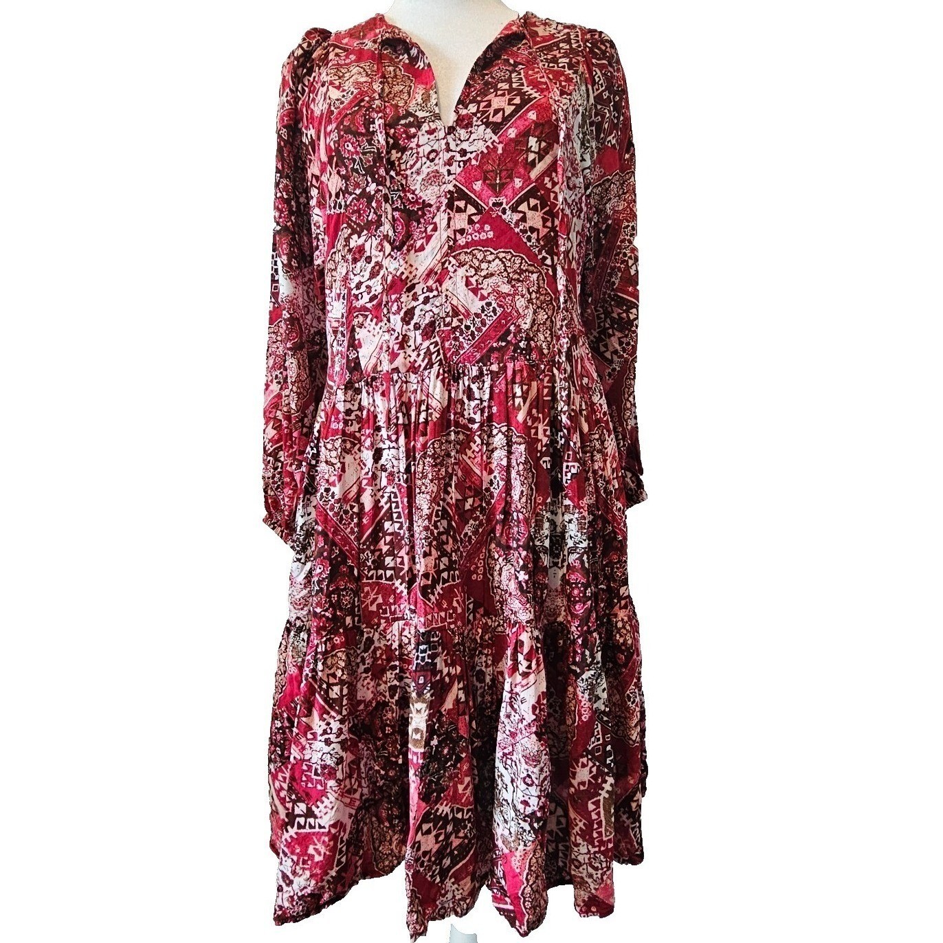 Calvin Klein Women’s Size 4 Boho Midi Dress 3/4 Sleeve Paisley Print Burgundy