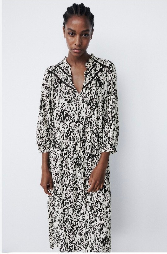 ZARA Printed Dress With Lace Medium M Midi Holiday Assymetric Hem Boho Tunic