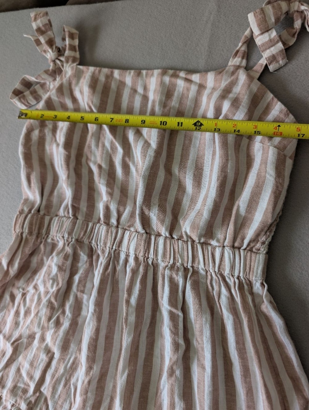 Linen Blend Tie Strap Ruffle Tier Coastal Neutral Striped Midi Dress Sz L Beach