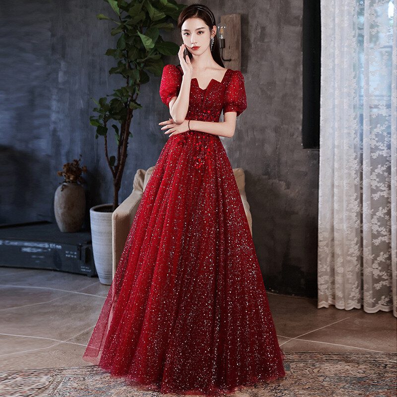 Women Banquet Evening Dress Temperament Lady Gauze Maxi Dress for Cocktail Party