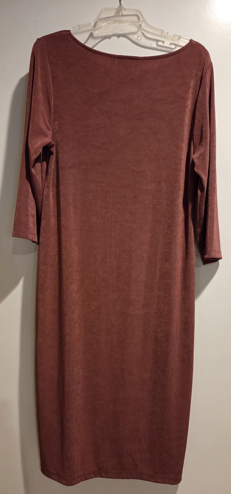 Chico’s Brown Solid Knit Midi Shift Dress Boat Neck 3/4 Sleeve Pullover Sz 2