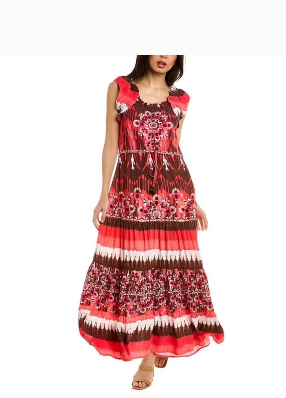 Figue Gianna Sleeveless Maxi Dress Small Ikat Embroidered-Beaded Red Coral Brown