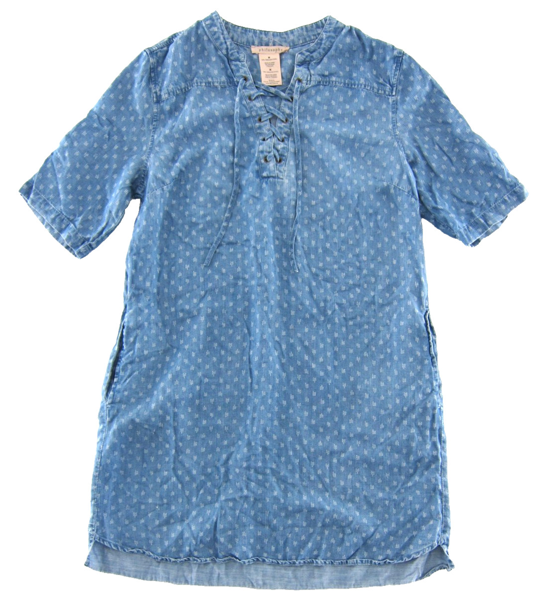 Philosophy 100% Tencel Blue White Denim Pocket Short Sleeve Tunic Shirt Dress M