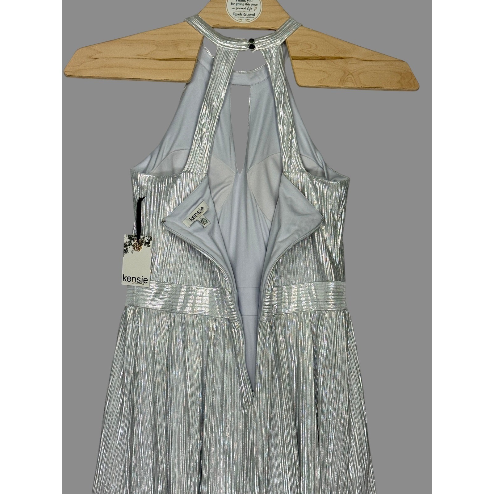 NWT Kensie Silver Metallic Halter Maxi Dress Size 12