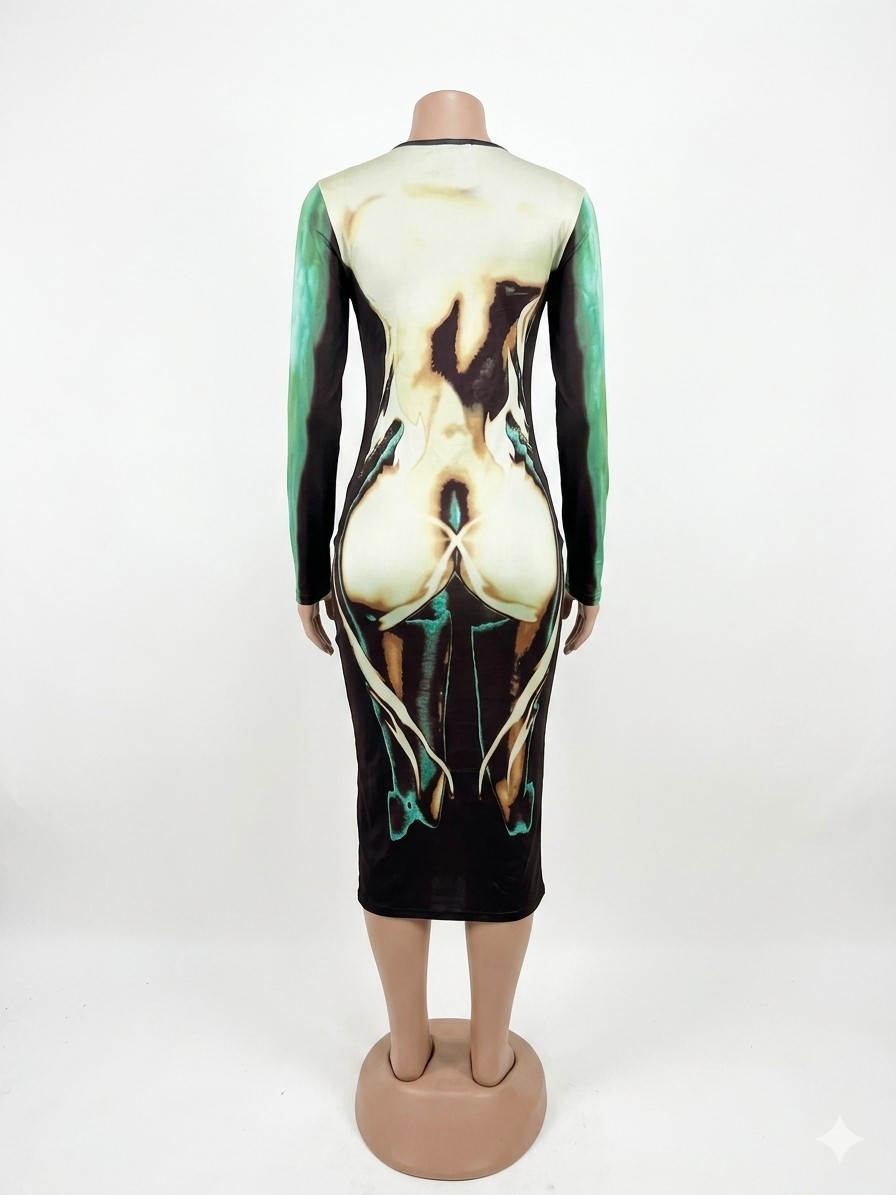 Multicolor Graphic Print Bodycon Midi Dress Long Sleeve Round Neck