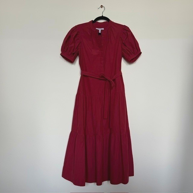Derek Lam Alexandra Red Puff Sleeve Midi Dress | Size 4 | Tiered Button Front
