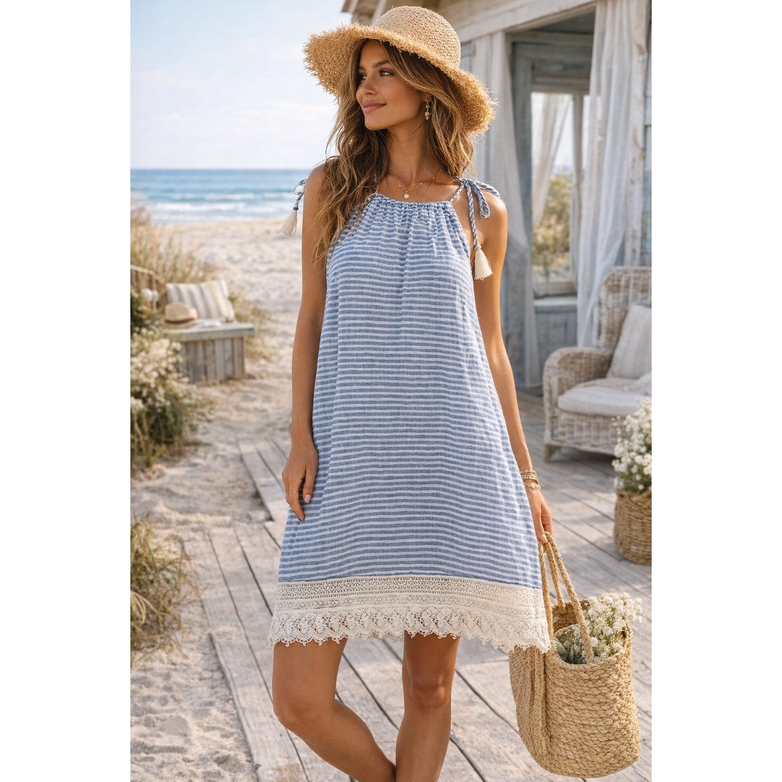 Euro Boho Coastal Summer Cottagecore Stripe Lace Tassel Sundress Dress SZ L