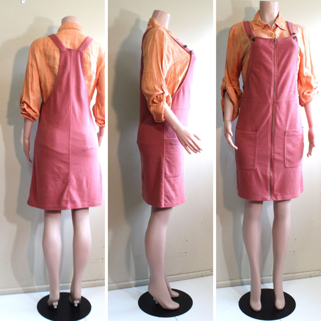 Roolee Utility Overalls Mini Dress M Rose Mauve Pink Knit Zip Front Adj Straps
