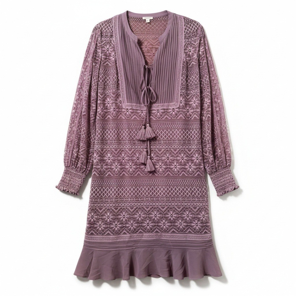 Sundance Lace Mini Dress M Purple Tassel Tie Pleated Ruffle Boho Romantic Pretty