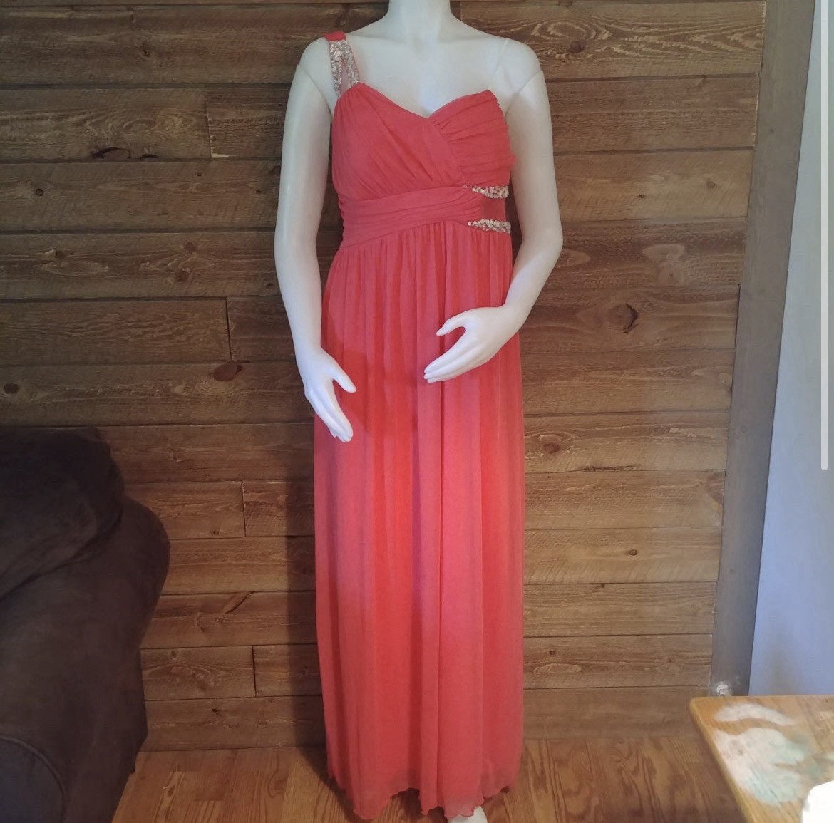 deb Coral Chiffon One-Shoulder Sweetheart Formal Gown Beaded Rhinestone 14