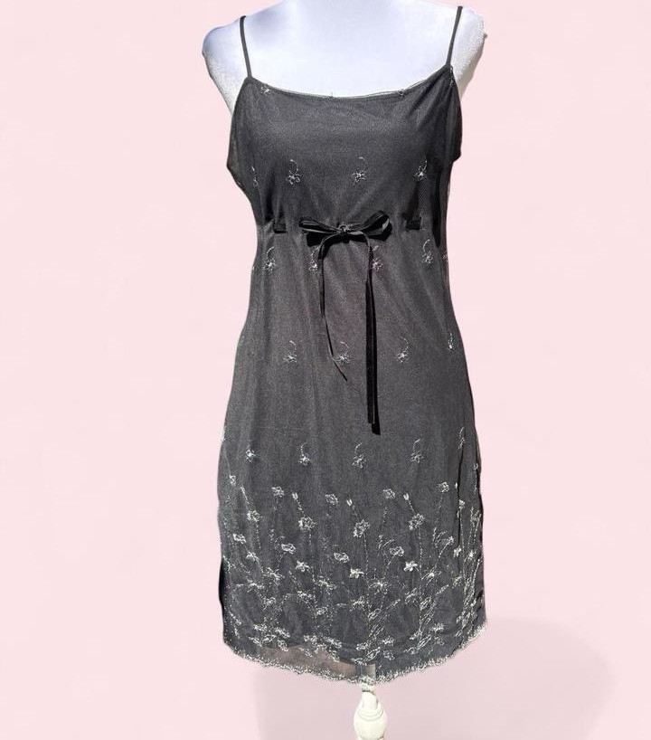 Monster Girl W Black Satin Full Slip Floral Embroidered Adjustable Straps L