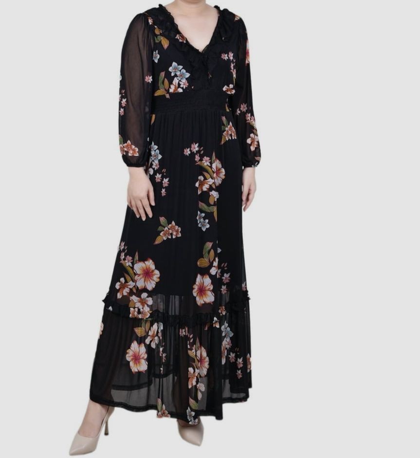 NY Collection Women’s Black Long Sleeve Mesh Maxi Dress Petite Sz PM