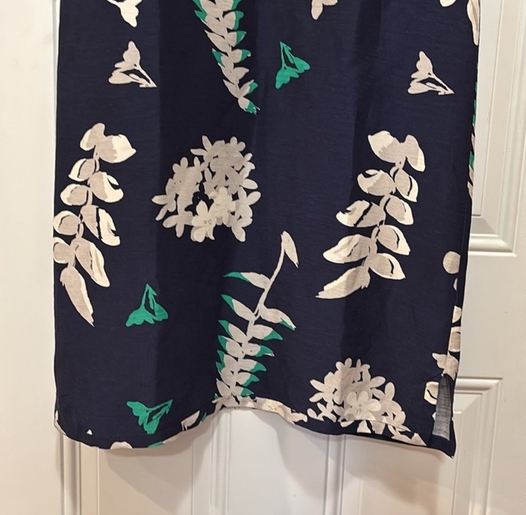 Anthropologie WHIT Silk/Linen Temple Dress in Botanical Print Navy Blue Size L