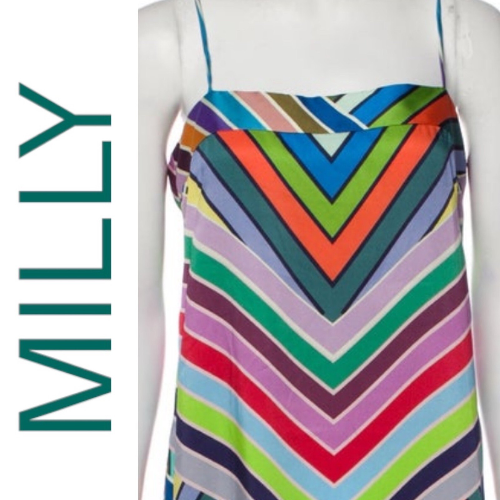 NWT MILLY Marissa Dress Colorful Rainbow Chevron Striped Knee Length Strappy Shi