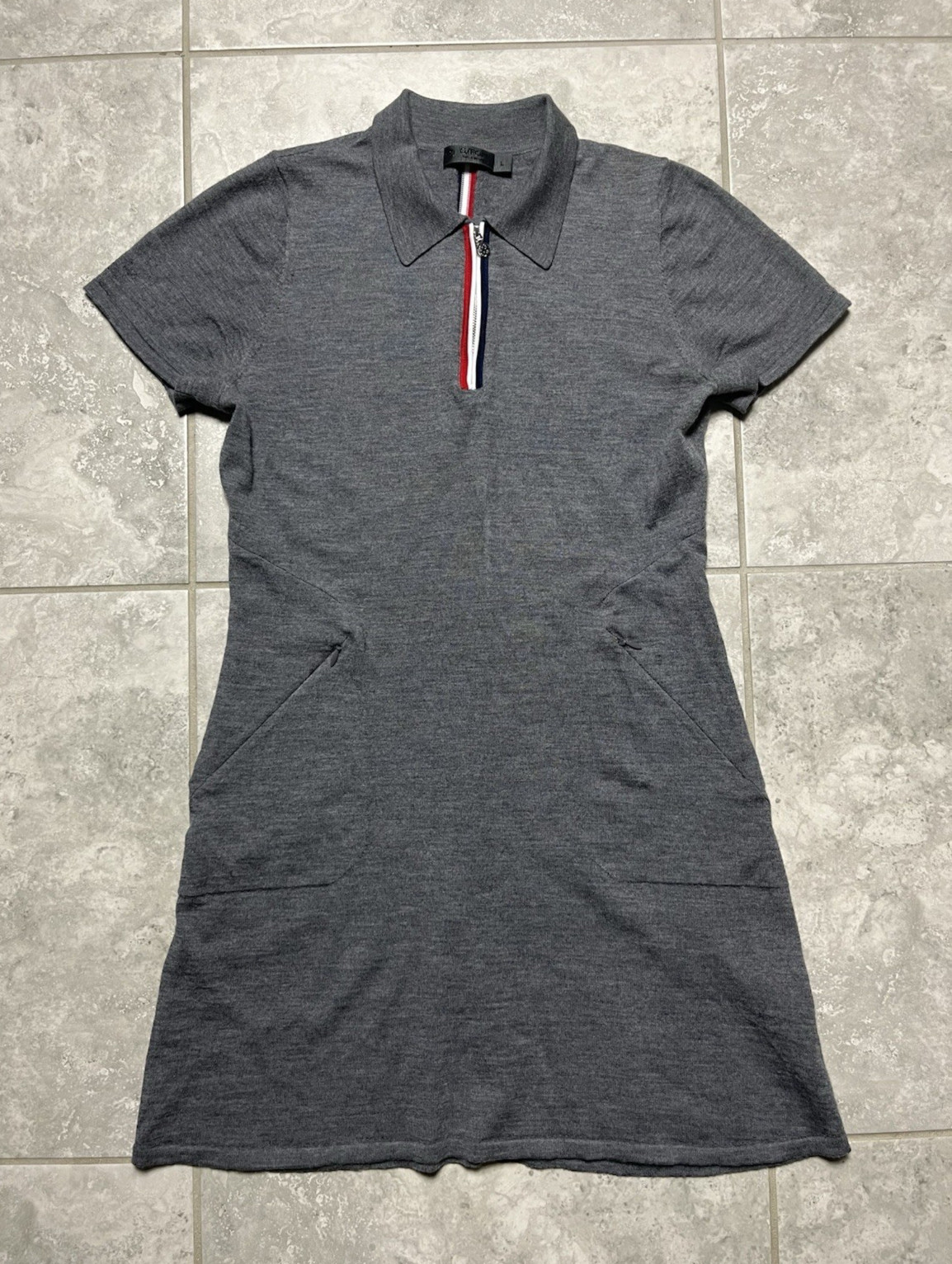 G/Fore Merino Wool Short Sleeve 1/4 Half Zip Sweater Mini Dress Heather Gray L