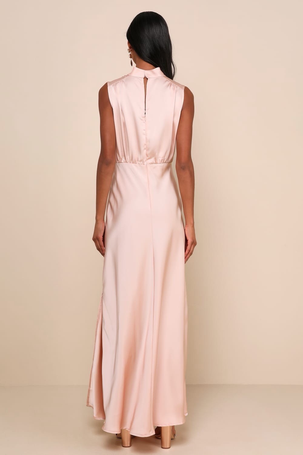 Lulus Classic Elegance Blush Satin Mock Neck Maxi Dress NWT M