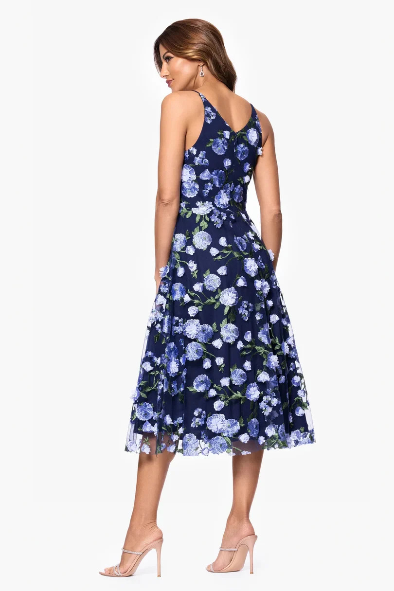 Xscape Navy Periwinkle Blue Embroidered 3-D Floral Midi Dress Size 8 $258