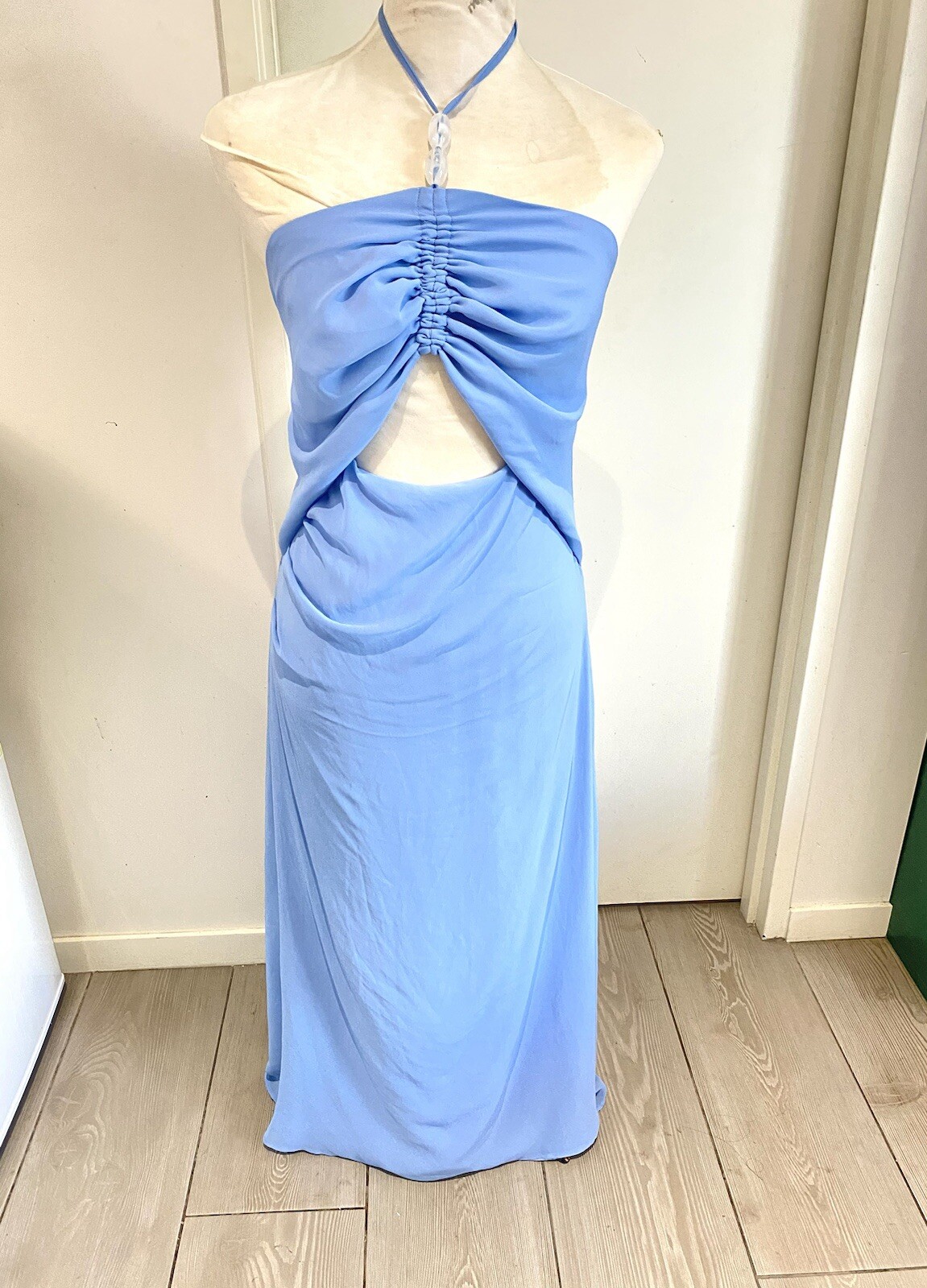 Kookai Dress Size 10 / 38 Light Blue Halter Neck BNWT RRP $250 Elsa Beaded Maxi