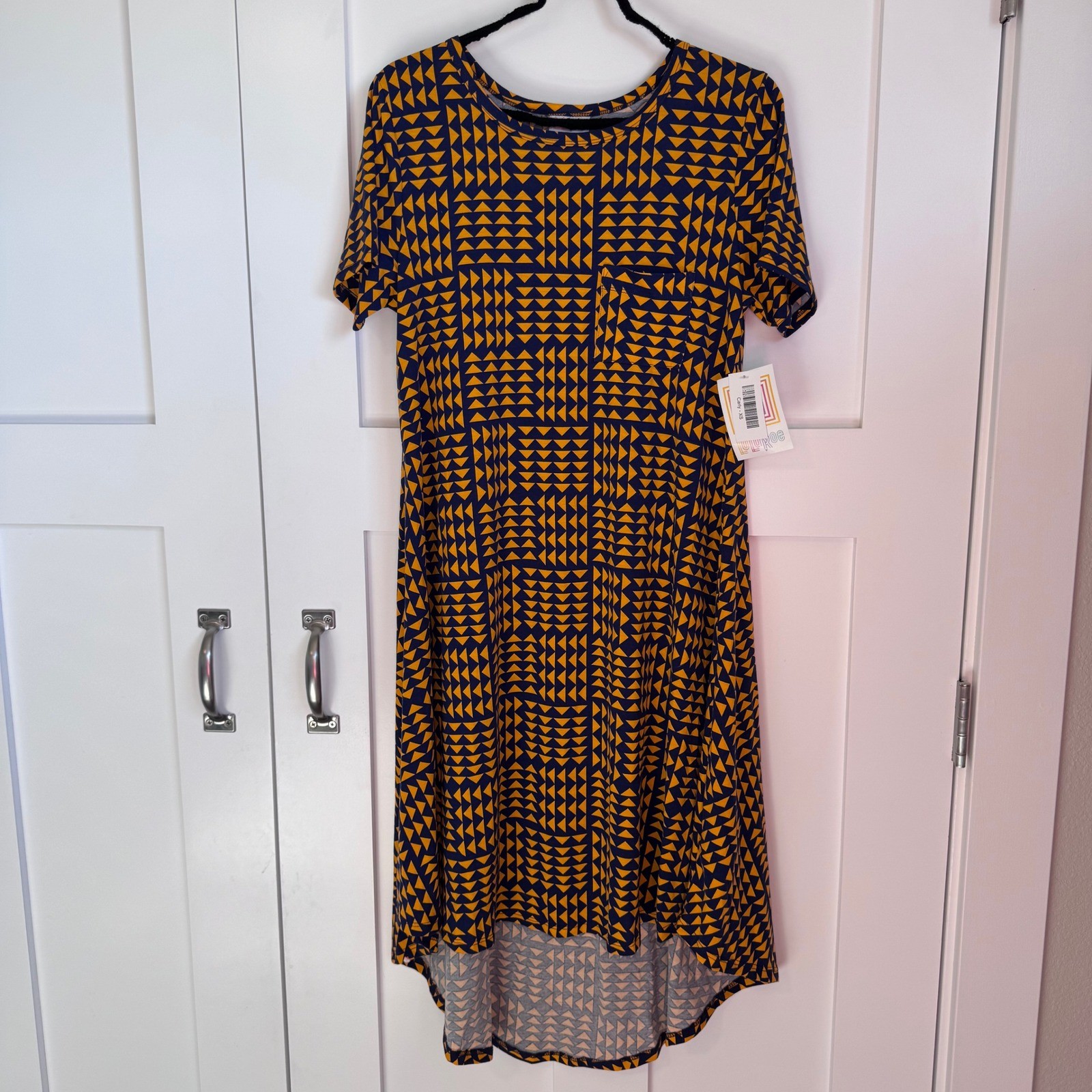NTW LuLaRoe Carly Women’s Dress Size XS Yellow Blue Hi Low Hem Chest Pocket New
