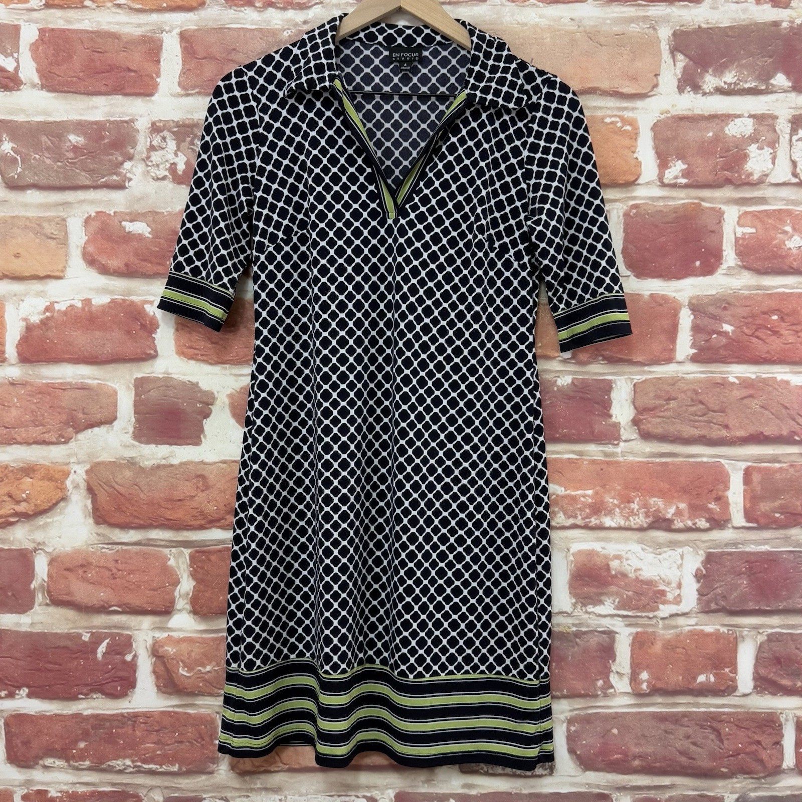 En Focus Studio Dress Womens 4 Black Multicolor Quatrefoil Striped Casual Work