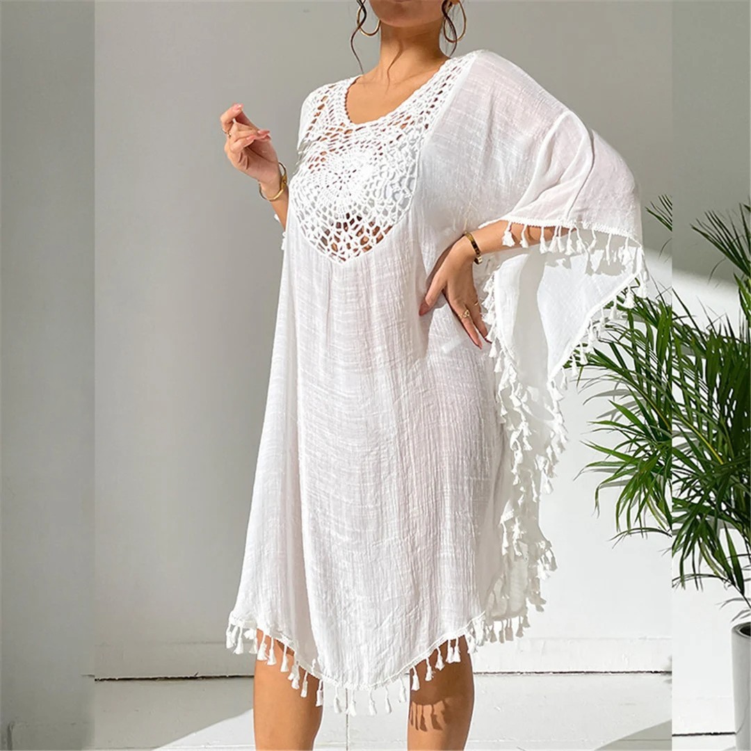 New Fringe Tassel Embroidery Half Sleeve Tunic Beach Cover Up Beach Dress