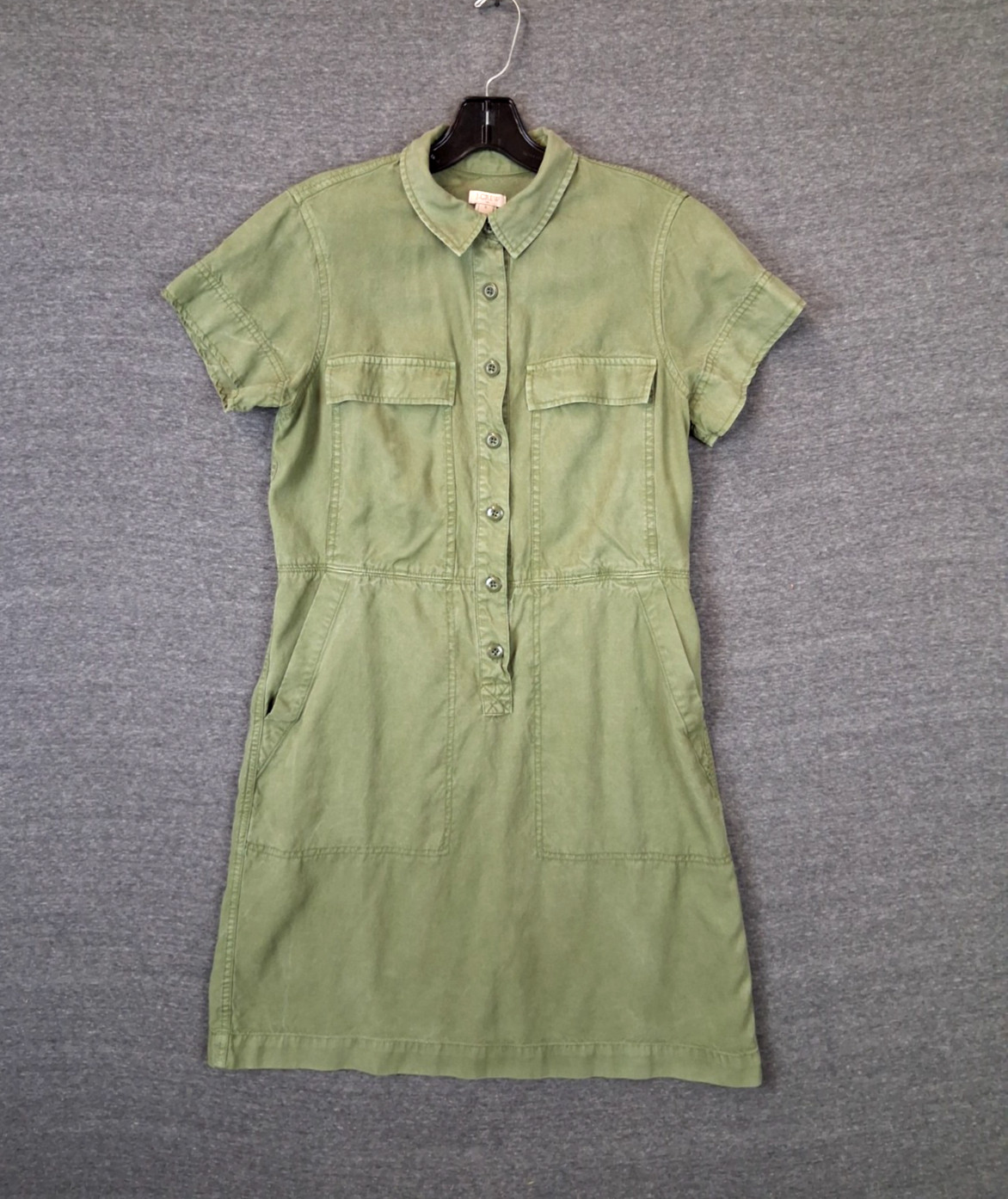 J Crew Womens Dress 8 Army Green Popover Canvas Utility Shirt Lightweight
