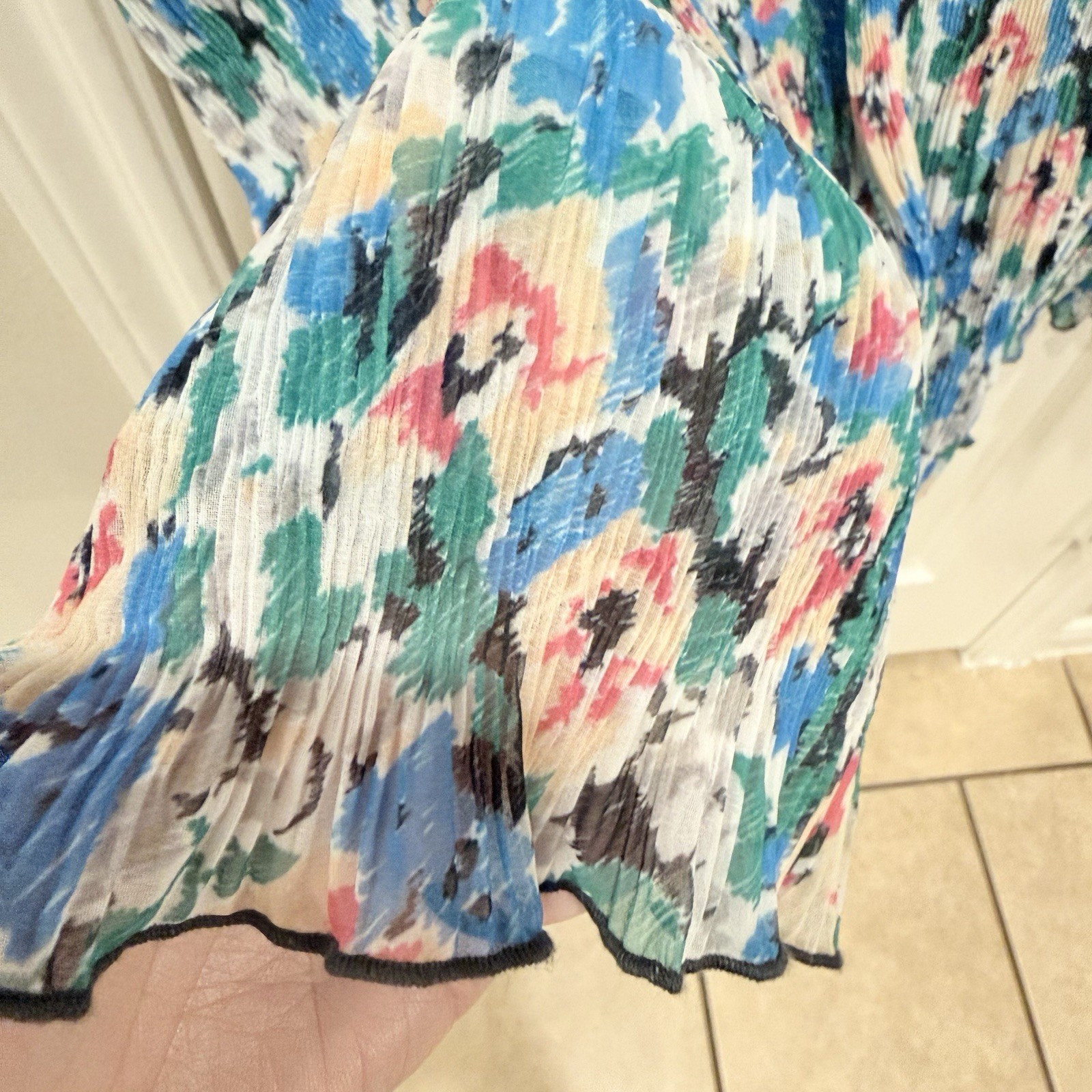 Ganni Midi Dress Georgette Pleated Floral Azul Blue Puff Sleeve Size 40/L Spring