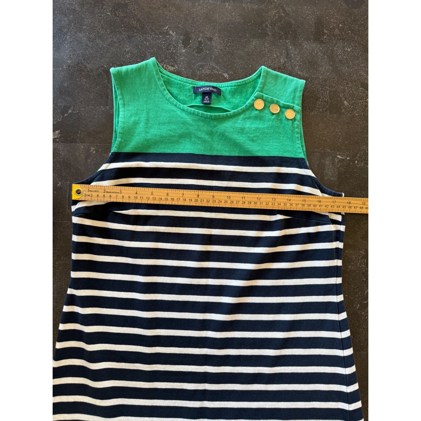 Lands End Womens Green Navy Stripe Cotton Sleeveless Shift Dress Preppy Nautical