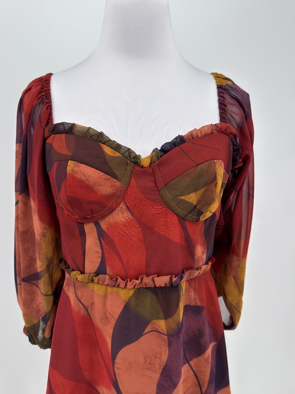 Hutch Adela Burgundy Red Abstract Balloon Sleeve Sweetheart Mini Dress Sz 4