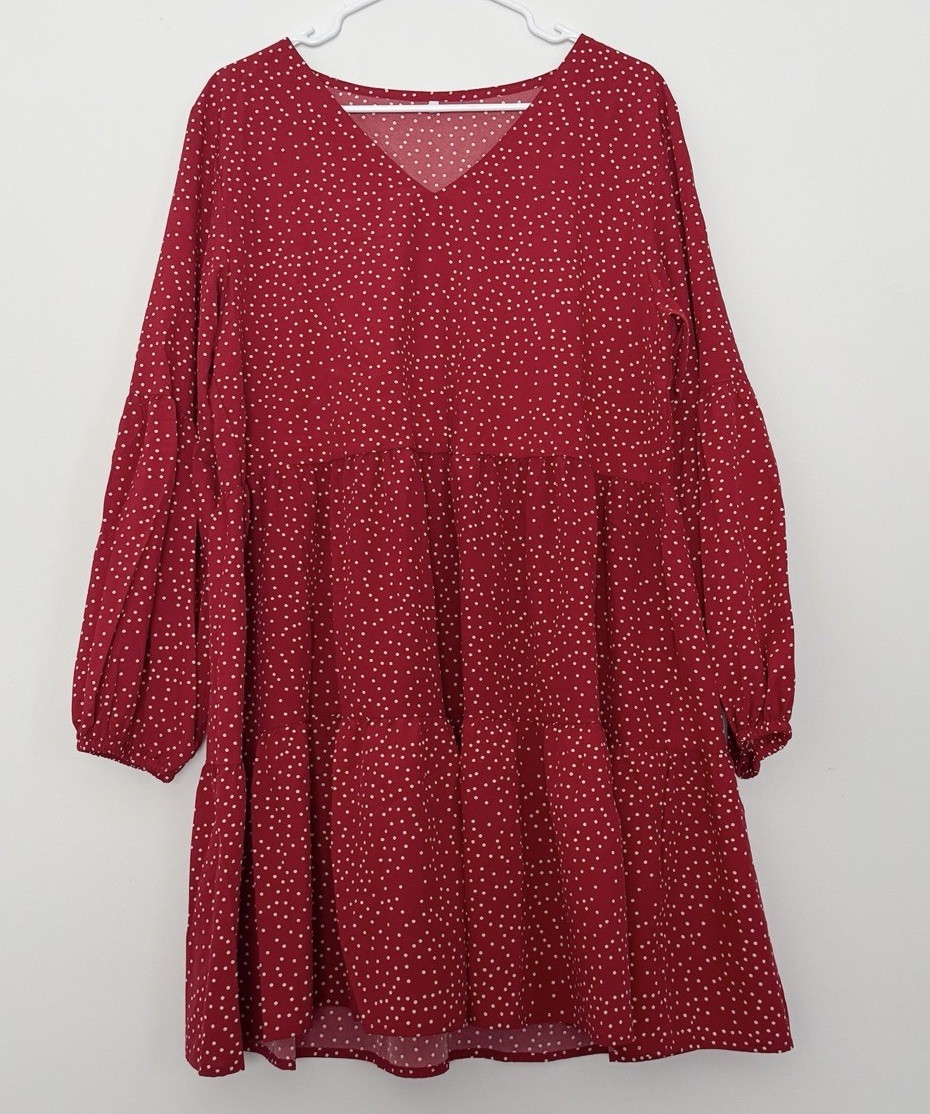 Women’s Red Polka Dot V-Neck Long Sleeve A-Line Short Lightweight Dress L