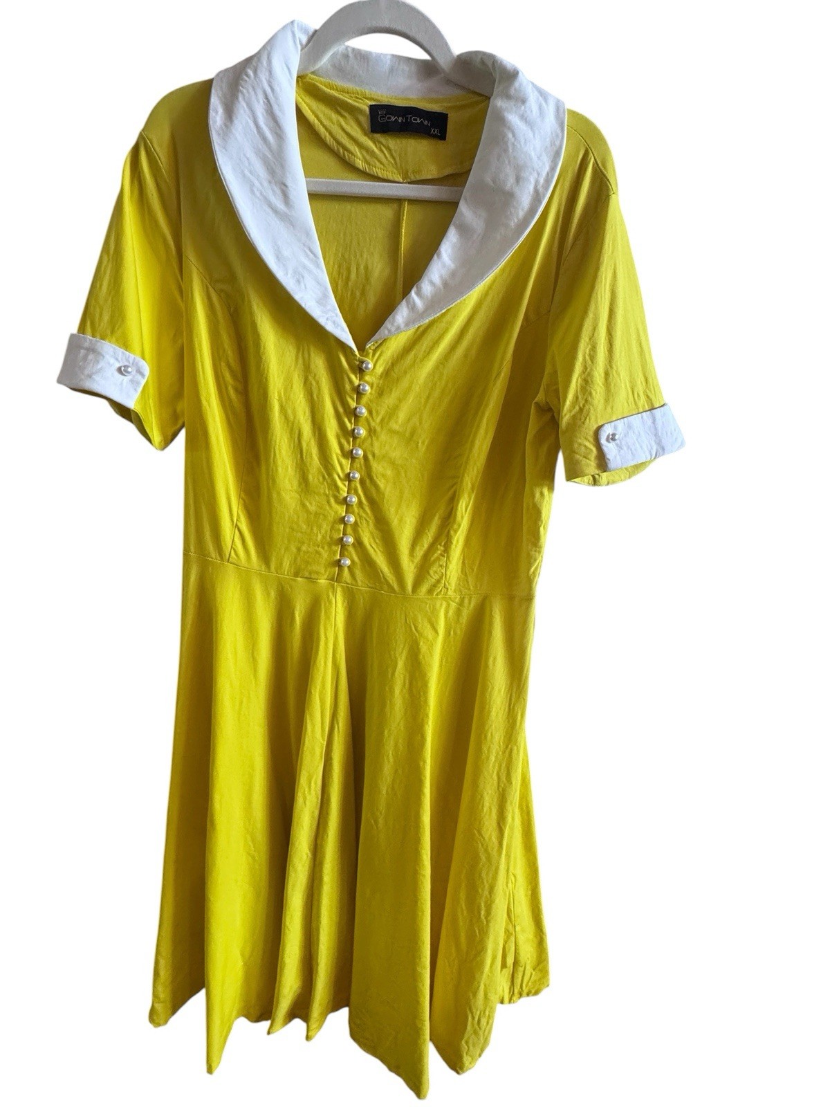 Gown Town Yellow 1950s Retro Swing Dress Sz XXL White Sailor Collar Pearl Button