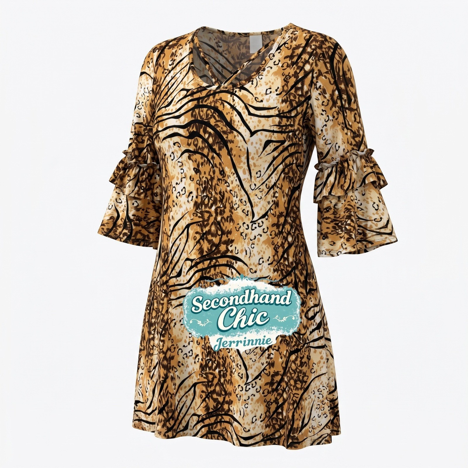 Animal Print Ruffle Bell Sleeve V-Neck Tunic Dress with Pockets Brown Tan Large