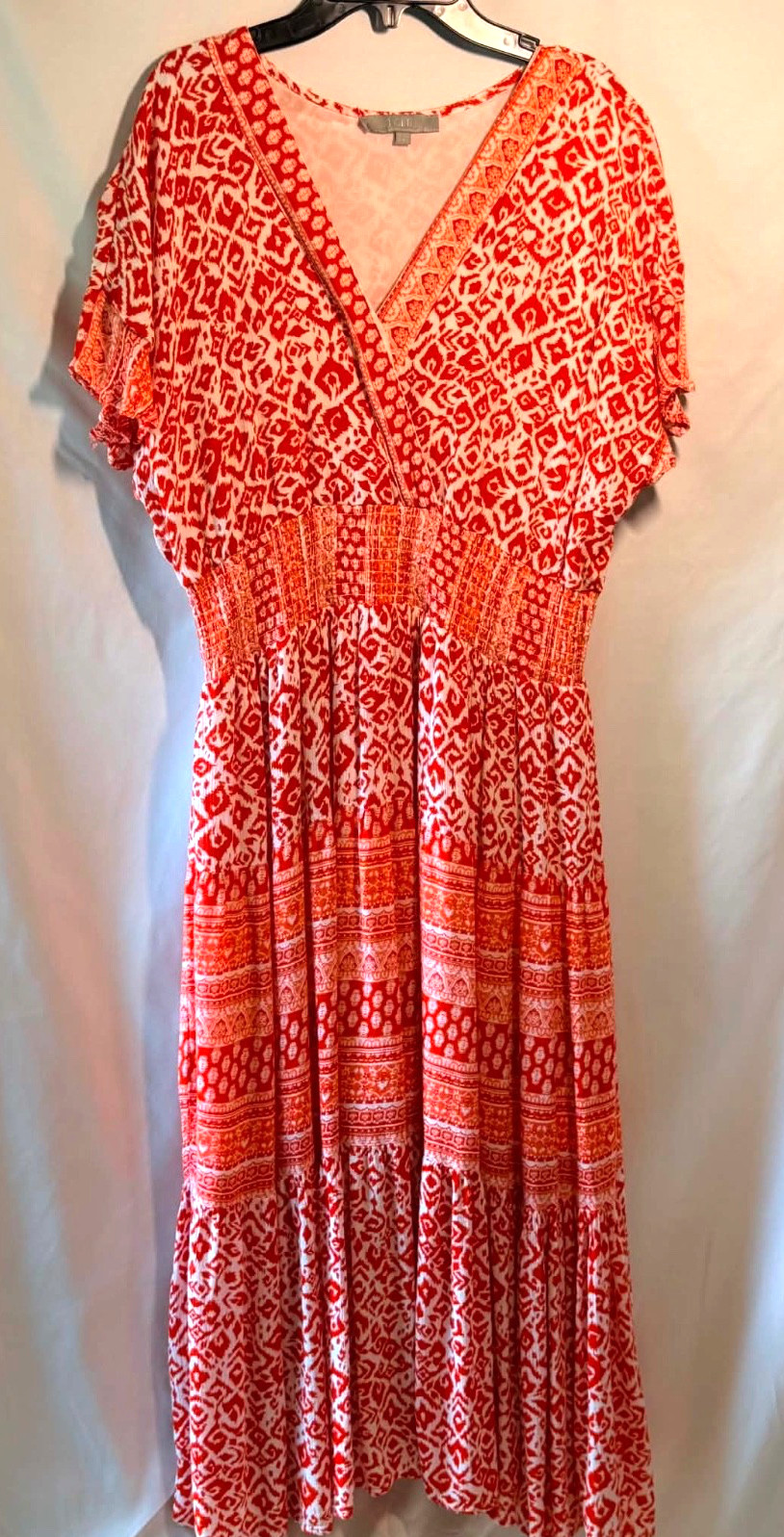 J Gee Orange & White Bohemian Midi Dress, Size Large, Lined, Summer Casual