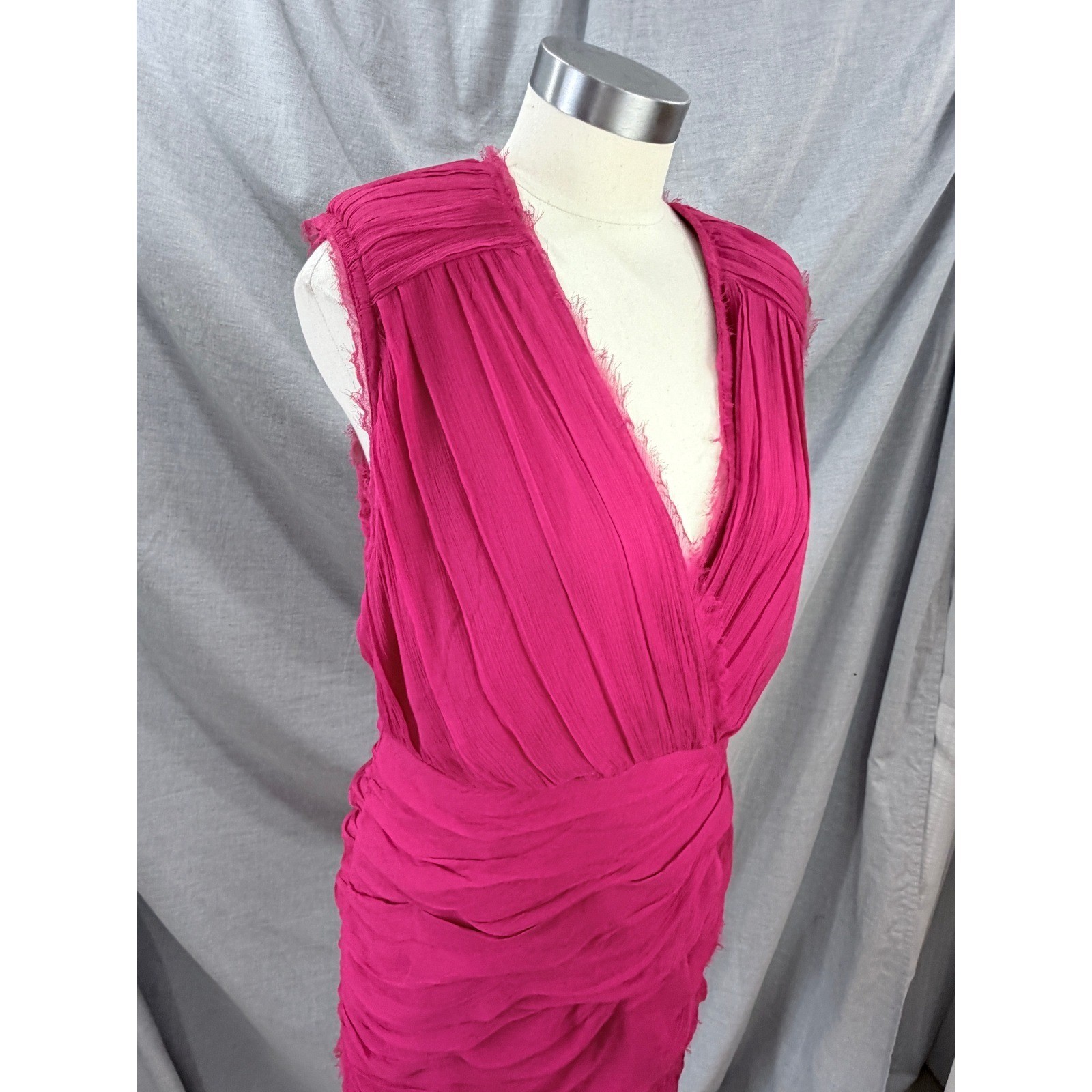 Madison Marcus Pink Silk Layered Pleated Frayed Edge Dress V-Neck Sleeveless