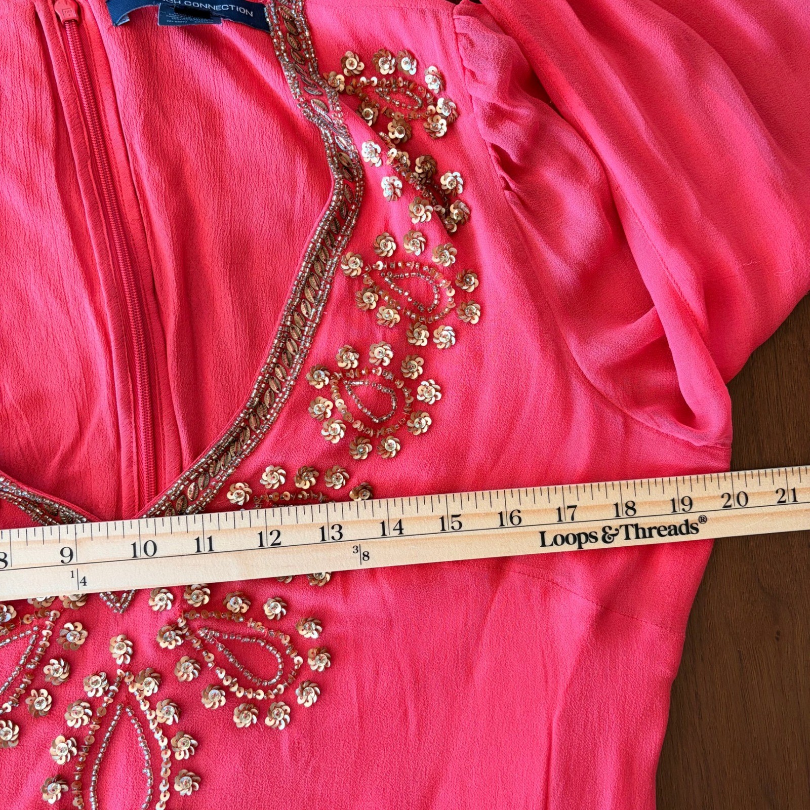 French Connection Shift Dress Silk-Georgette Sequined Coral V-Nick US10 UK14