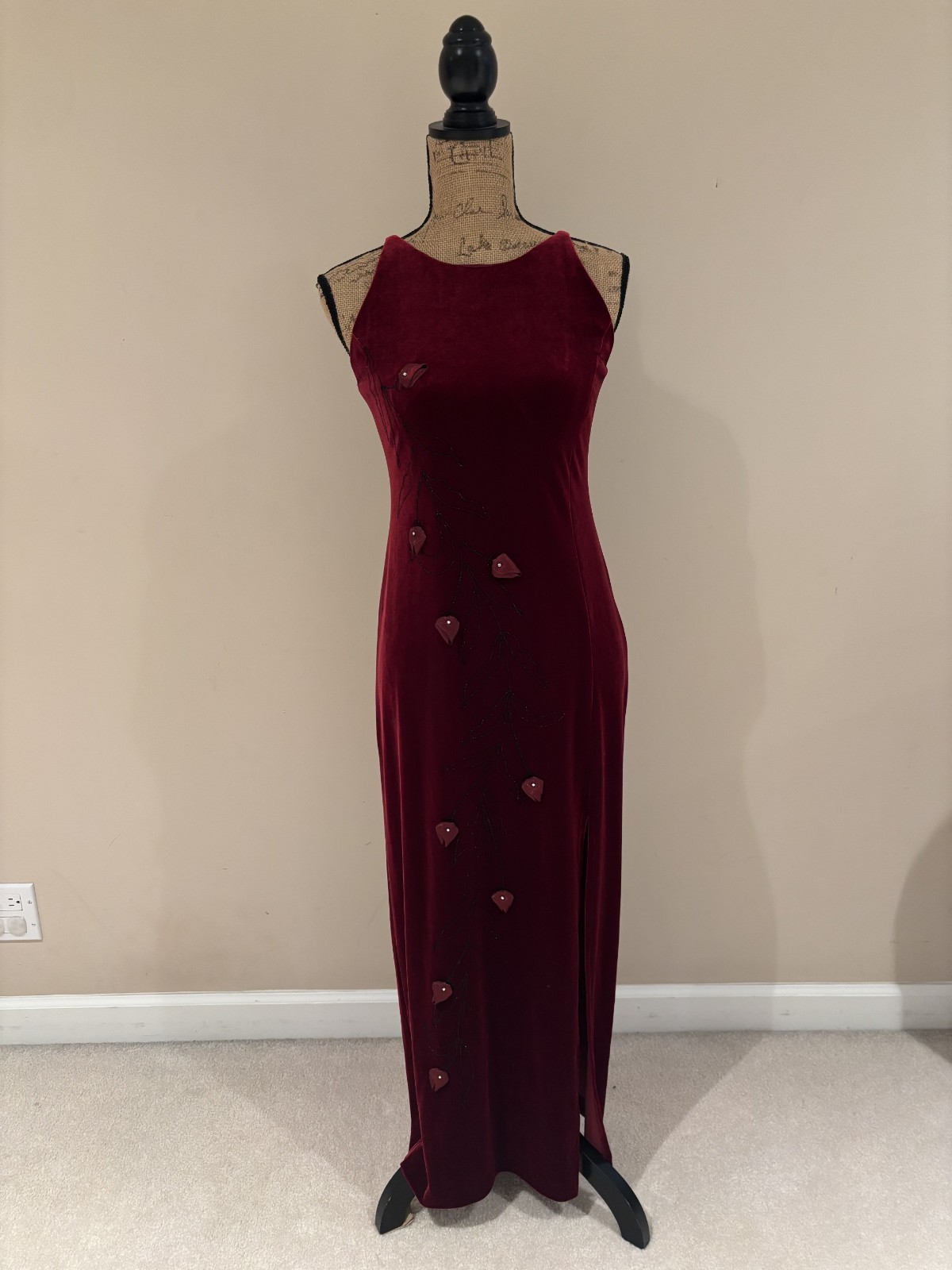 Lined Dark Red Flower Appliqué with Diamond Accent Dress