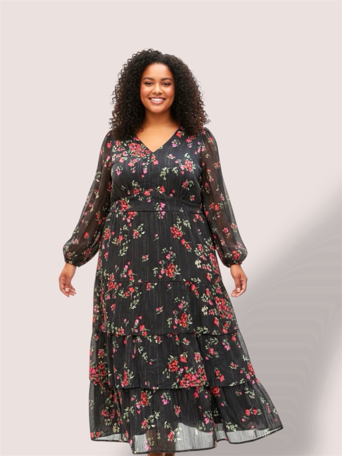 Women’s Floral V-Neck Black Red Pink Green Long Balloon Sleeve Tiered Midi Dress