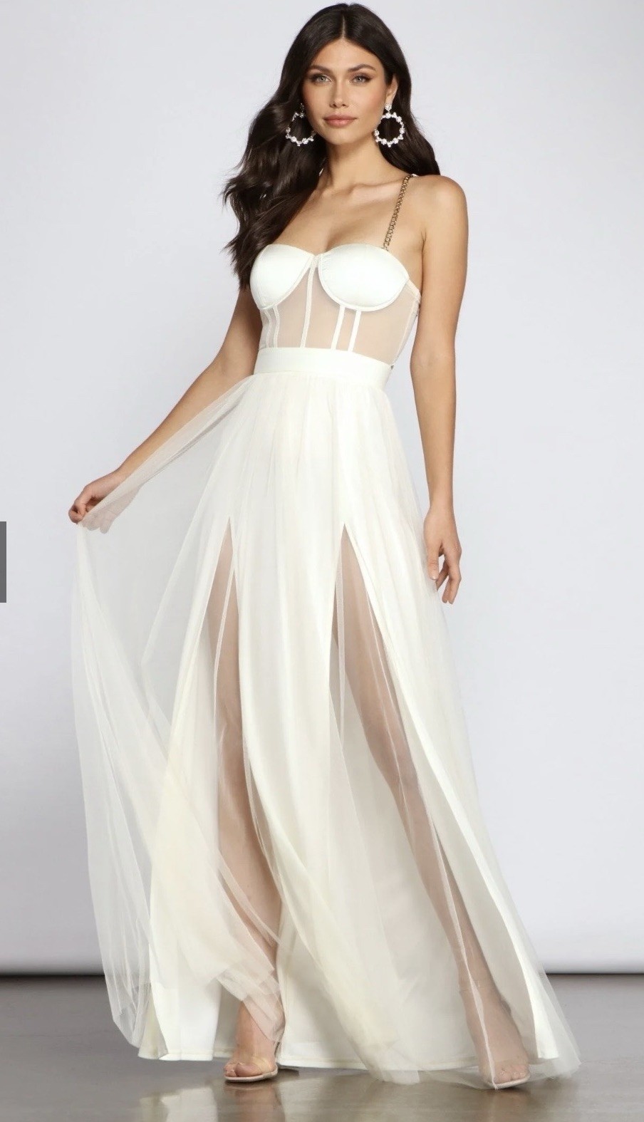 Ivory Corset Top Bustier Tulle Maxi Dress Gold Chain Sheer Mesh Bridal Size S