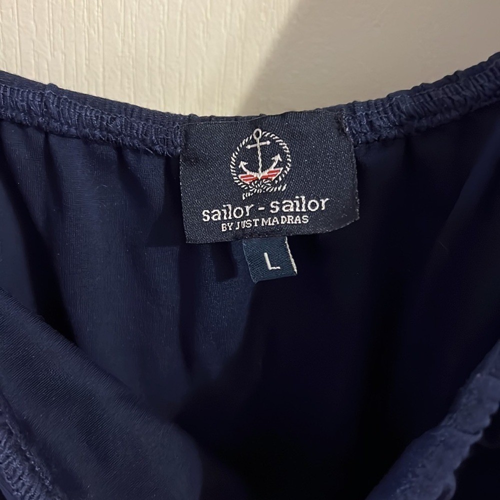 Sailor-Sailor Nautical Off Shoulder Shoreline Navy Blue Dress L Preppy Chic