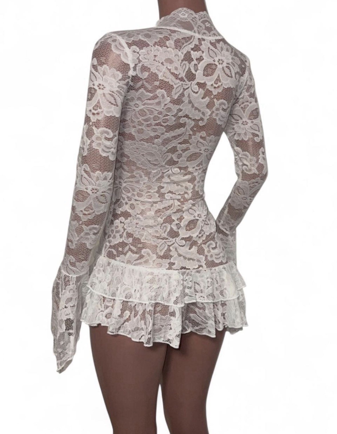 Fairy White Lace Ruffled Micro Mini Dress M Festival Going Out See Thru Beachy