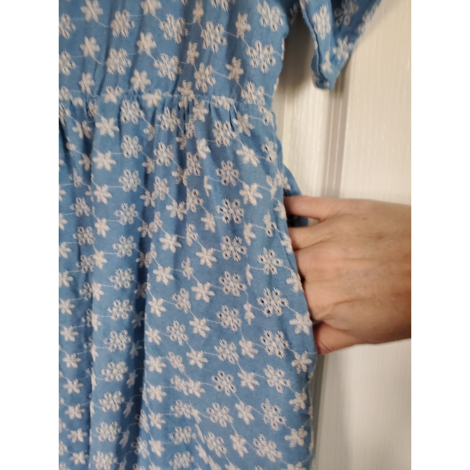 Polagram Cottagecore Blue White Embroidered Floral Shift Mini Dress, Size Medium