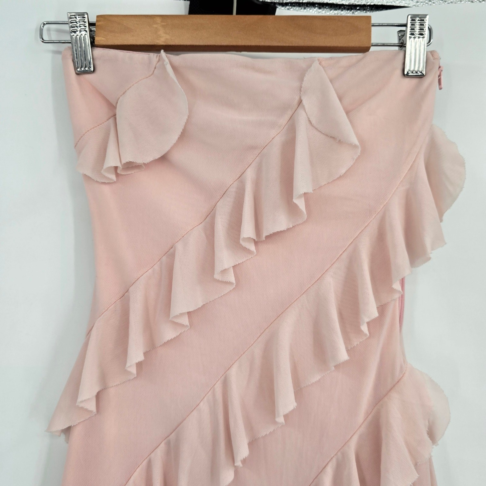 Pants Store Womens Strapless Ruffle Mini Dress Blush Pink Mesh Bodycon Small
